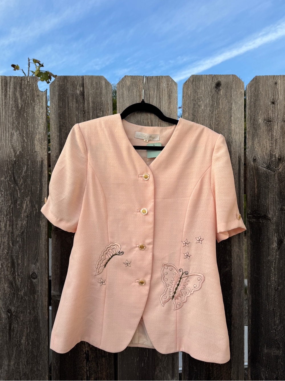Vintage Handmade Light Peach Pink Embroidered Butterfly Short-Sleeve Top NWT